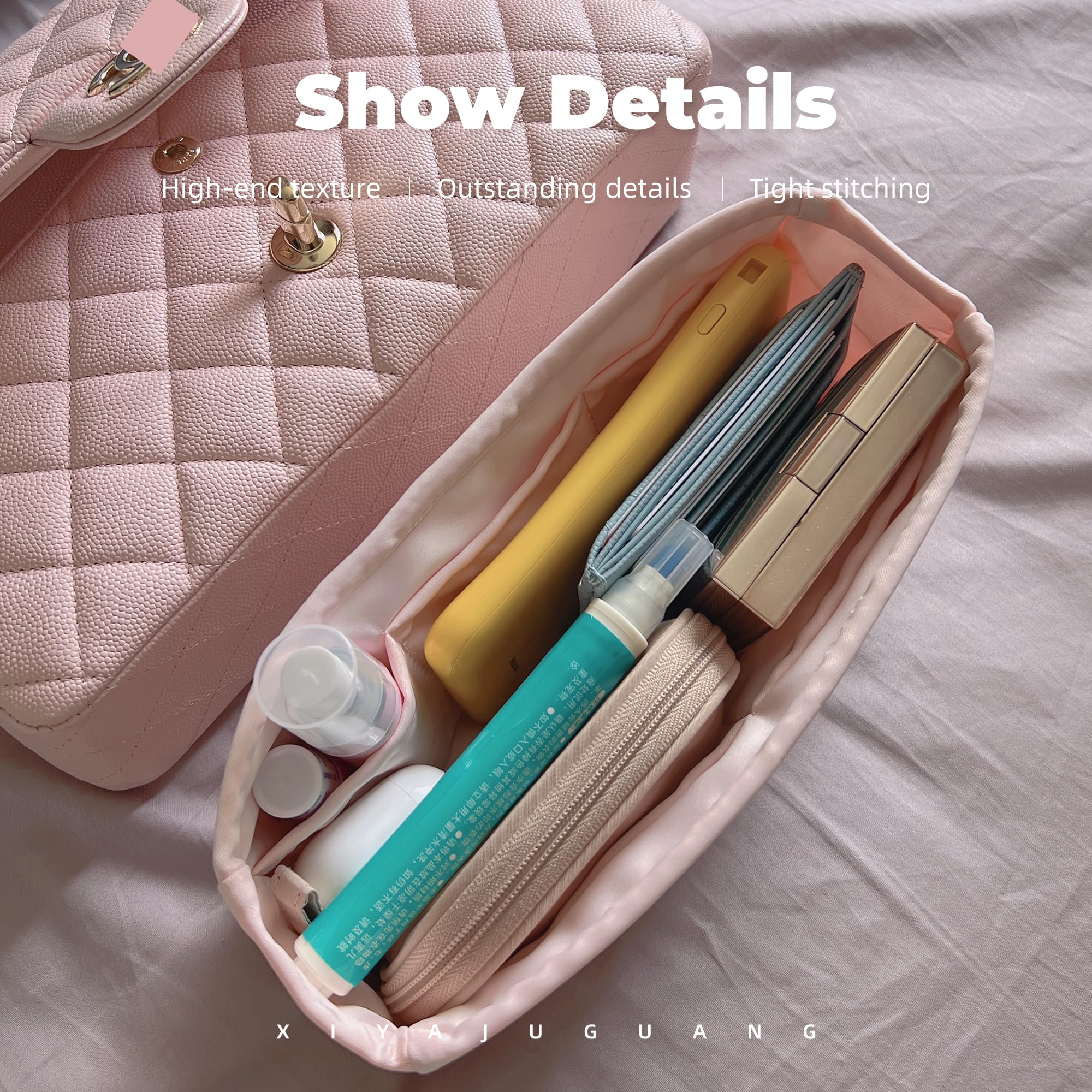 XYJG Purse Handbag Silky Organizer Insert Keep Bag Shape Fits Chanel Classic Flap CF Mini Square 17/20/Small/Medium/Jumbo/Maxi Bags, Luxury Handbag Tote Lightweight Sturdy(CF Medium 25,Pink)