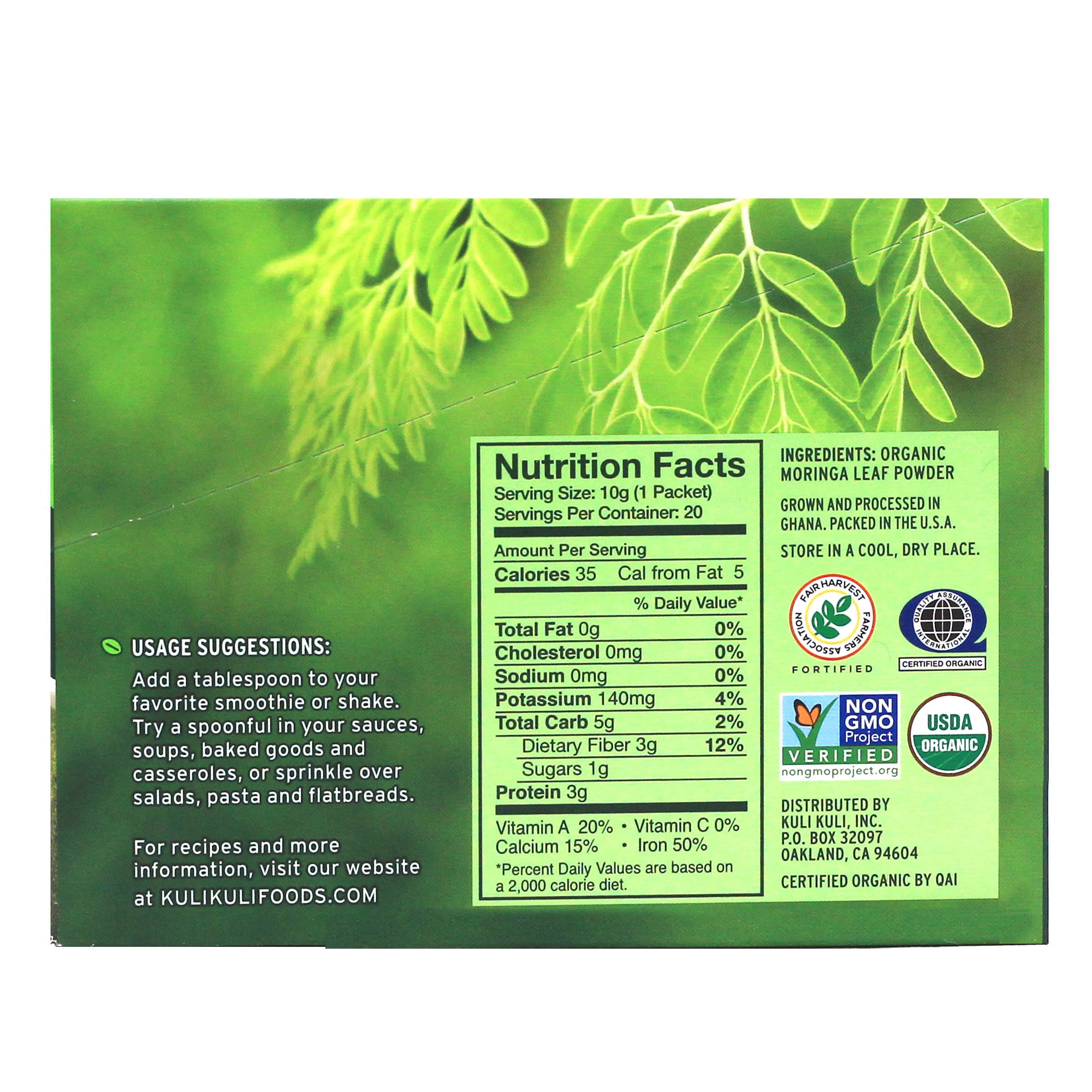 Kuli Kuli Pure Moringa Organic Vegetable Powder, 20 Single Serve Packets (Pack of 12) Organic, Raw, Vegan, 3g Complete Plant Protein and 1 Full Serving of Veggies Per Packet, Soy and Gluten-Free