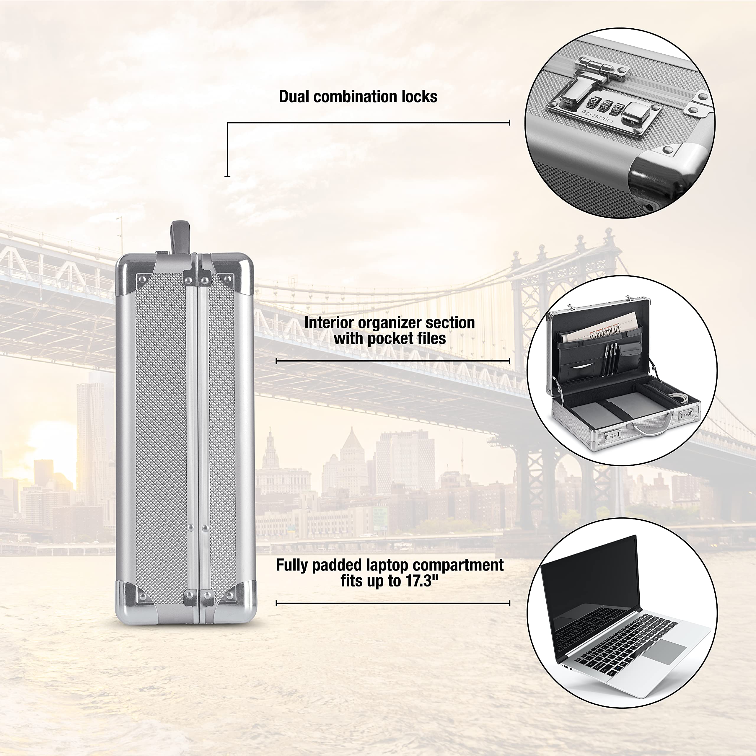 Solo Fifth Avenue Aluminum Attaché Briefcase With Combination Locks, Silver