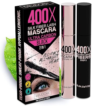 400X Pure Silk Fiber Lash Mascara [Ultra Black Volume and Length], Longer & Thicker Eyelashes, Waterproof, Long Lasting, Instant & Very Easy to Apply, Smudge-proof, Hypoallergenic, Cruelty & Paraben Free (Mia Adora)