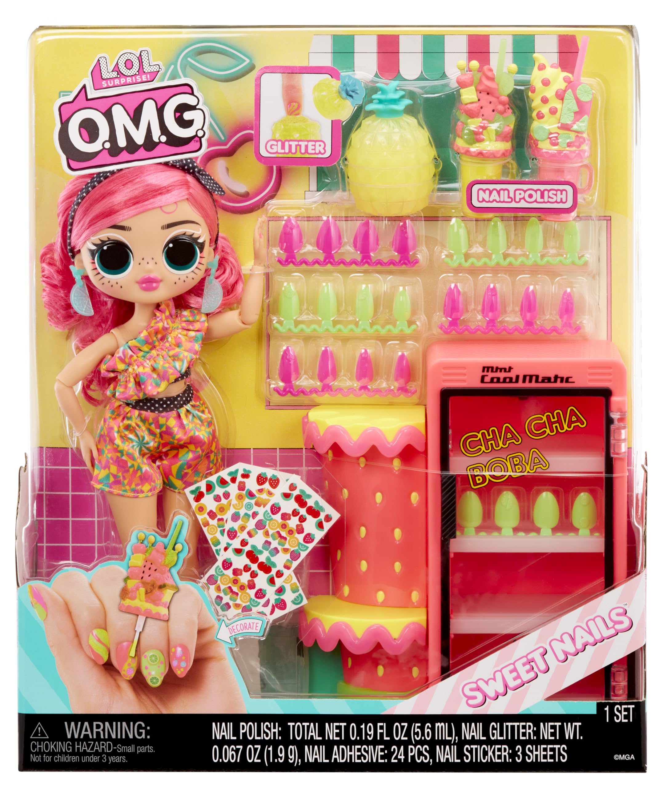LOL Surprise OMG Sweet Nails – Pinky Pops Fruit Shop with 15 Surprises, Including Real Nail Polish, Press On Nails, Sticker Sheets, Glitter, 1 Fashion Doll, and More! – Great Gift for Kids Ages 4+