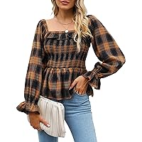 BMJL Womens Flannel Shirts Square Neck Fall Shirts Buffalo Plaid Peplum Top Sexy Off The Shoulder Top Trendy 2023