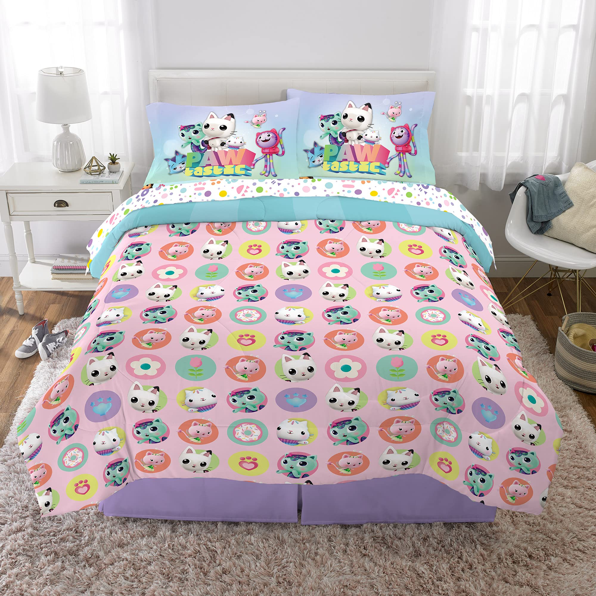 DreamWorks Gabby's Dollhouse Cakey, MerCat And Pandy Kids Bedding Super Soft Comforter And Sheet Set, 5 Piece Full Size, By Franco.