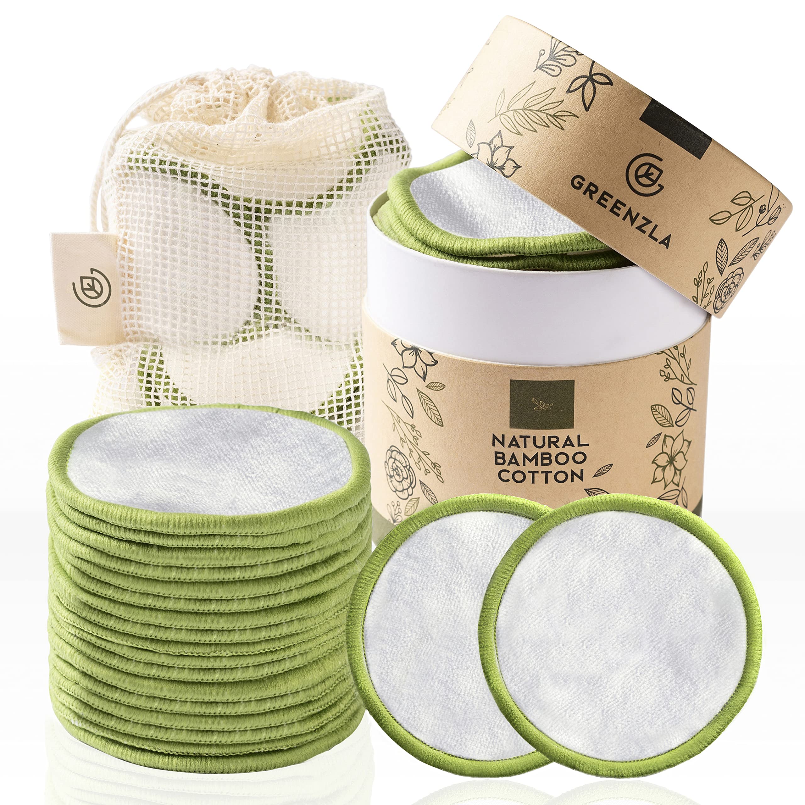 Greenzla Reusable Makeup Remover Pads (20 Pack) With a Washable Laundry Bag And Round Box for Storage, Eco-friendly Reusable Bamboo Cotton Pads For All Skin Types