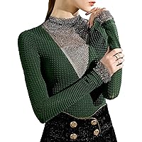 Women's Mesh Blouses Long Sleeve Hollow Out Rhinestone See Through Patchwork Stretchy Tops Elegant Formal Work Shirts