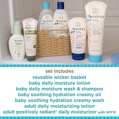 Aveeno Baby Essential Daily Care Baby & Mommy Gift Set Featuring a Variety of Skin Care and Bath Products to Nourish Baby and Pamper Mom, Baby Gift for New and Expecting Moms, 7 Items
