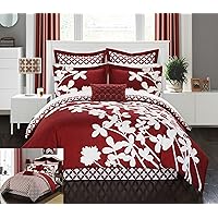 Chic Home 7 Piece Iris Large Scale Floral Design Printed with Diamond Pattern Reverse Set, Queen Comforter, Red
