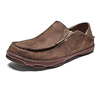 OLUKAI Moloa Men's Leather Slip On Shoes, Waxed Nubuck Leather & Soft Moisture-Wicking Lining, Drop-in Heel & All Weather Rubber Soles
