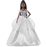 Barbie Signature 2021 Holiday Doll (12-inch, Brunette Braided Hair) in Silver Gown, with Doll Stand and Certificate of Authenticity, Gift for 6 Year Olds and Up