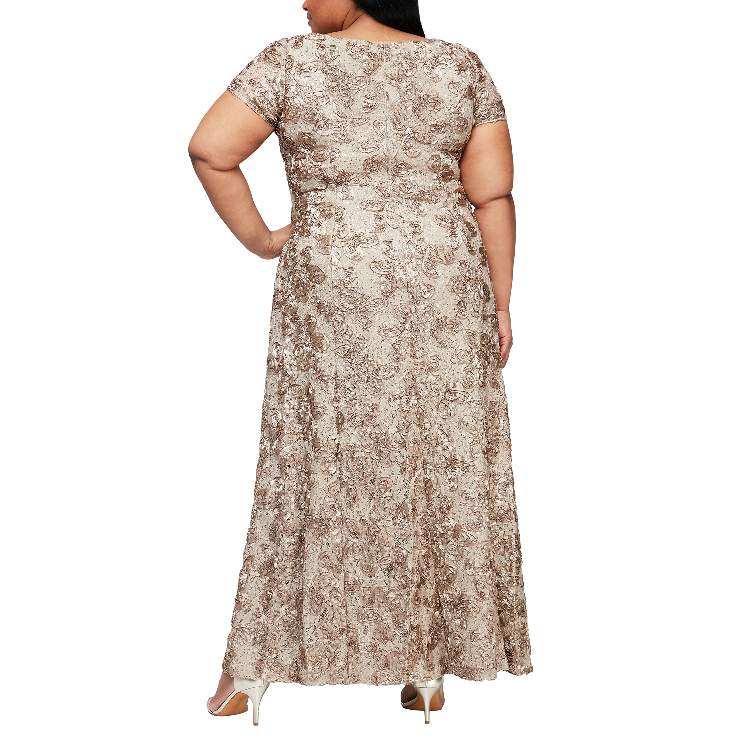 Alex Evenings Women's Plus Size Short Sleeve Long A-line Rosette Lace Dress