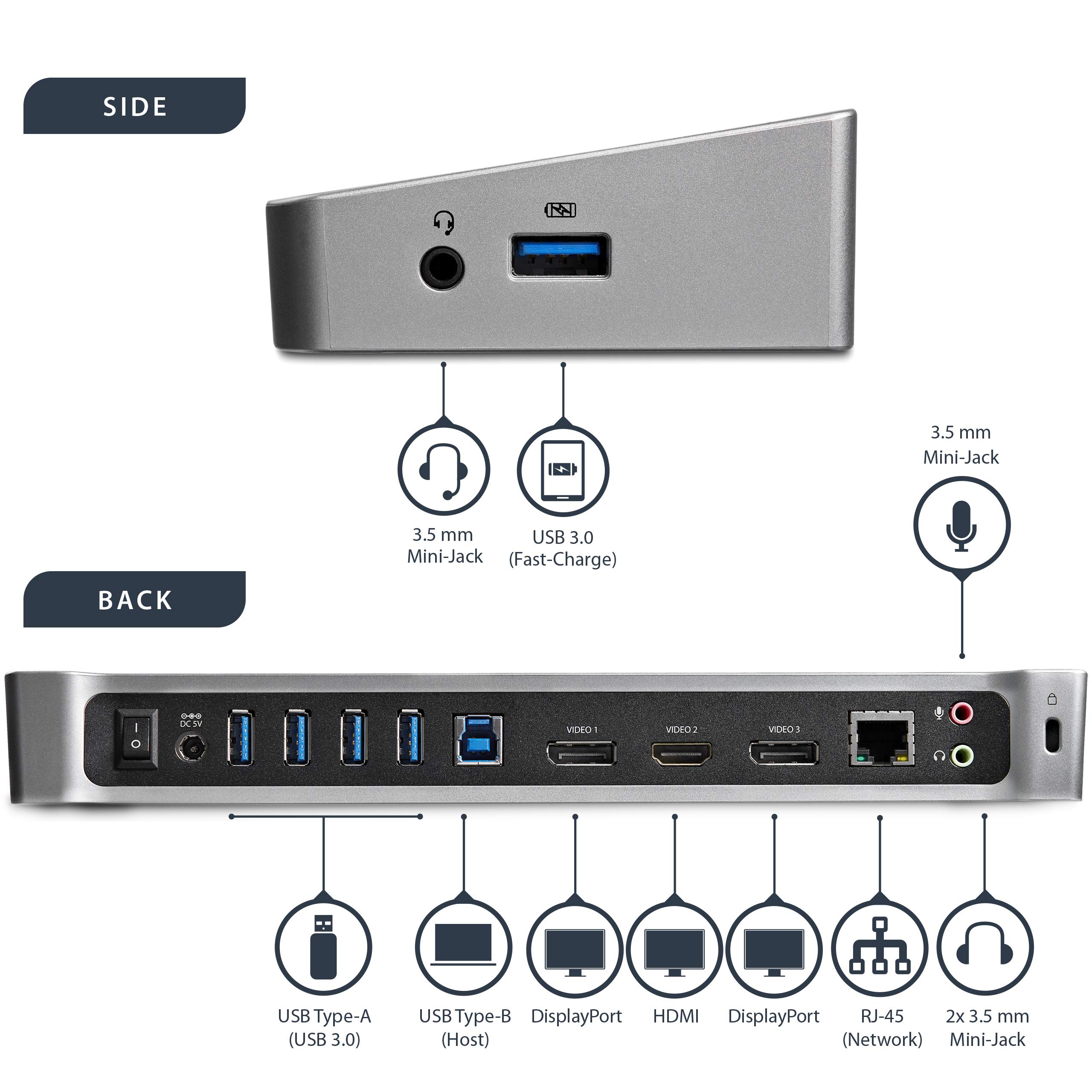 StarTech.com Triple Monitor USB 3.0 Docking Station with 2x 4K DisplayPort & HDMI, 5x USB-A Hub (1x Fast-Charge), 3.5mm Audio, GbE - USB Type A Universal Laptop Dock, MacOS / Windows (USB3DOCKH2DP)