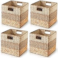 Wicker Storage Cubes, Set of 4 Heavy Duty Hyacinth Baskets for Shelf, 12x12 Storage Cube Bins, Natural Foldable Square Baskets for IKEA Kallax, Large Cubby Rattan Basket, Kallax Inserts