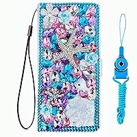 Sparkly Wallet Phone Case Compatible for OnePlus Nord N10 5G with Glass Screen Protector,Bling Diamonds Leather Stand Wallet Phone Cover with Lanyards (Starfish Seashell)