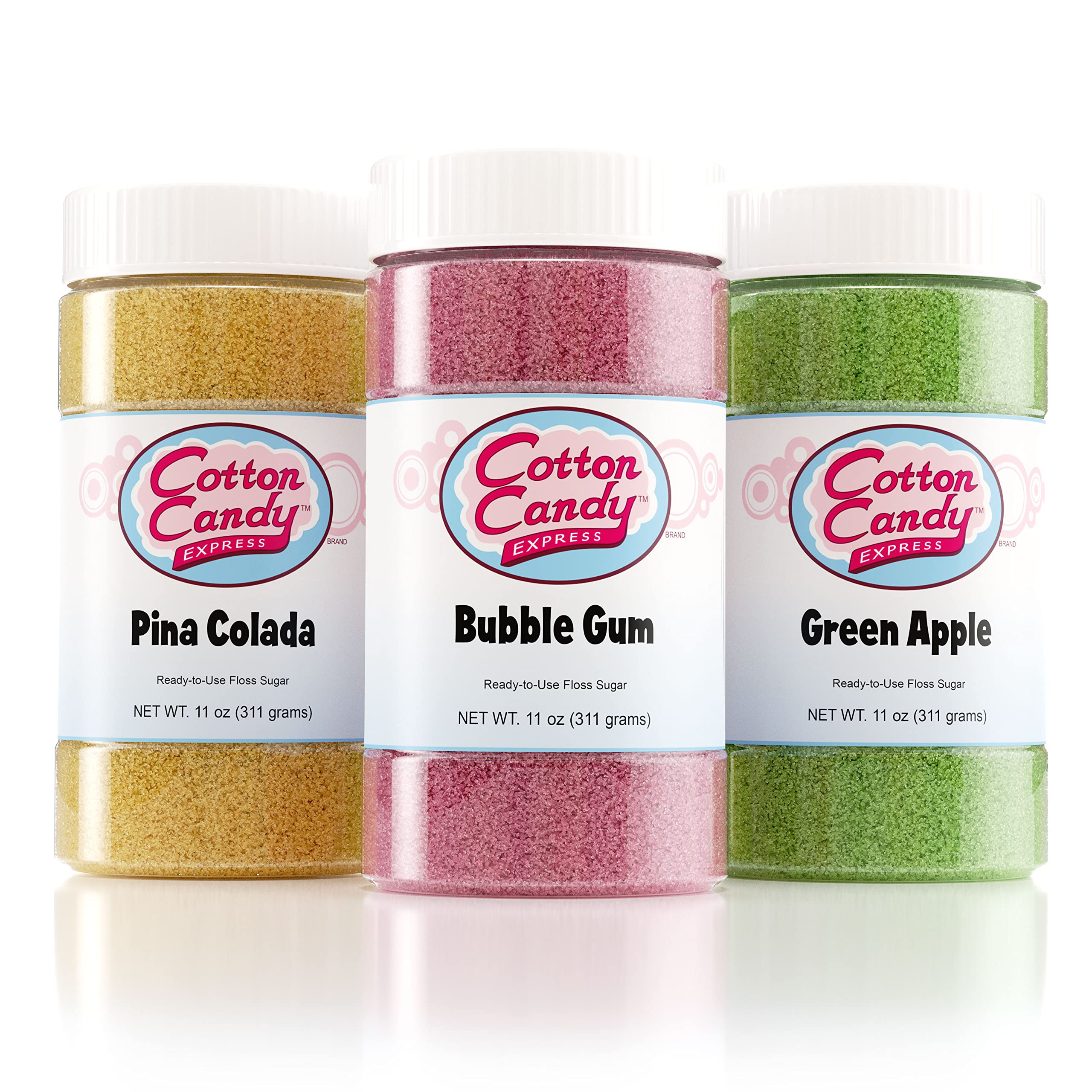 Cotton Candy Express 100-Count Paper Cones with Bubble Gum, Green Apple, and Pina Colada 11-Ounce Floss Sugar Jars for Cotton Candy Making