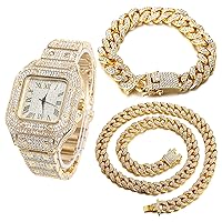 Halukakah Men’s Diamond Watch - The King - 18K Gold/Platinum Plated, 40MM Square Dial, Iced Out Wristband, Lab Diamonds Handset, with Cuban Link Chain Necklace and Bracelet Set Optional, Comes in Giftbox