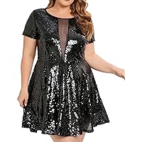 Plus Size Cap Sleeves Long Sleeves V Neck Sequins Skater Cocktail Club Dress