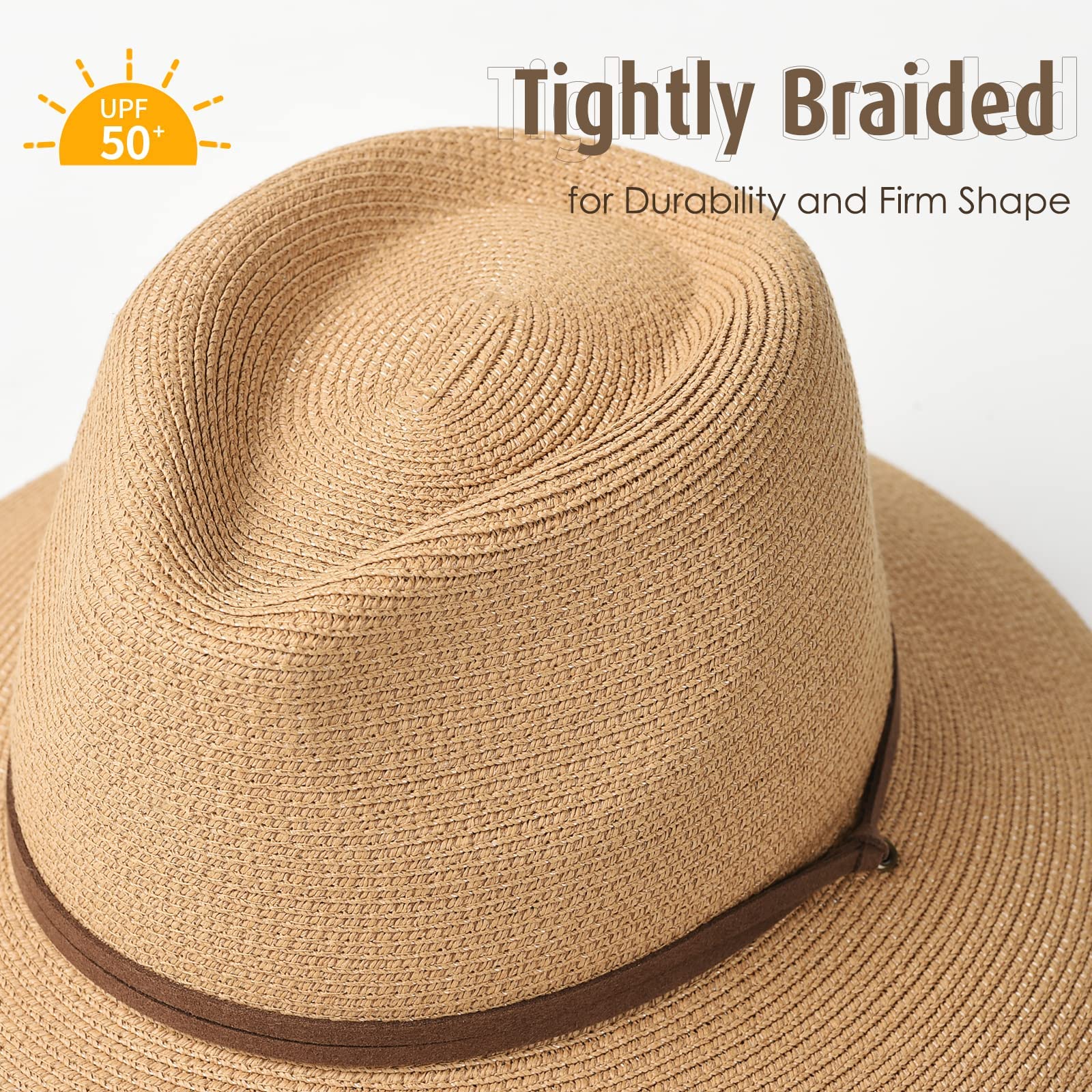 Womens Summer Straw Sun Hats Wide Brim Panama Fedora Beach Hat with Wind Lanyard UPF 50+