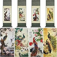 AtfArt 4 Pack Asian Wall Decor Beautiful Silk Scroll Painting Birds - Phoenix Oriental Decor Chinese Art Wall Scroll Wall Hanging Painting Scroll (36.2 x 12 in)