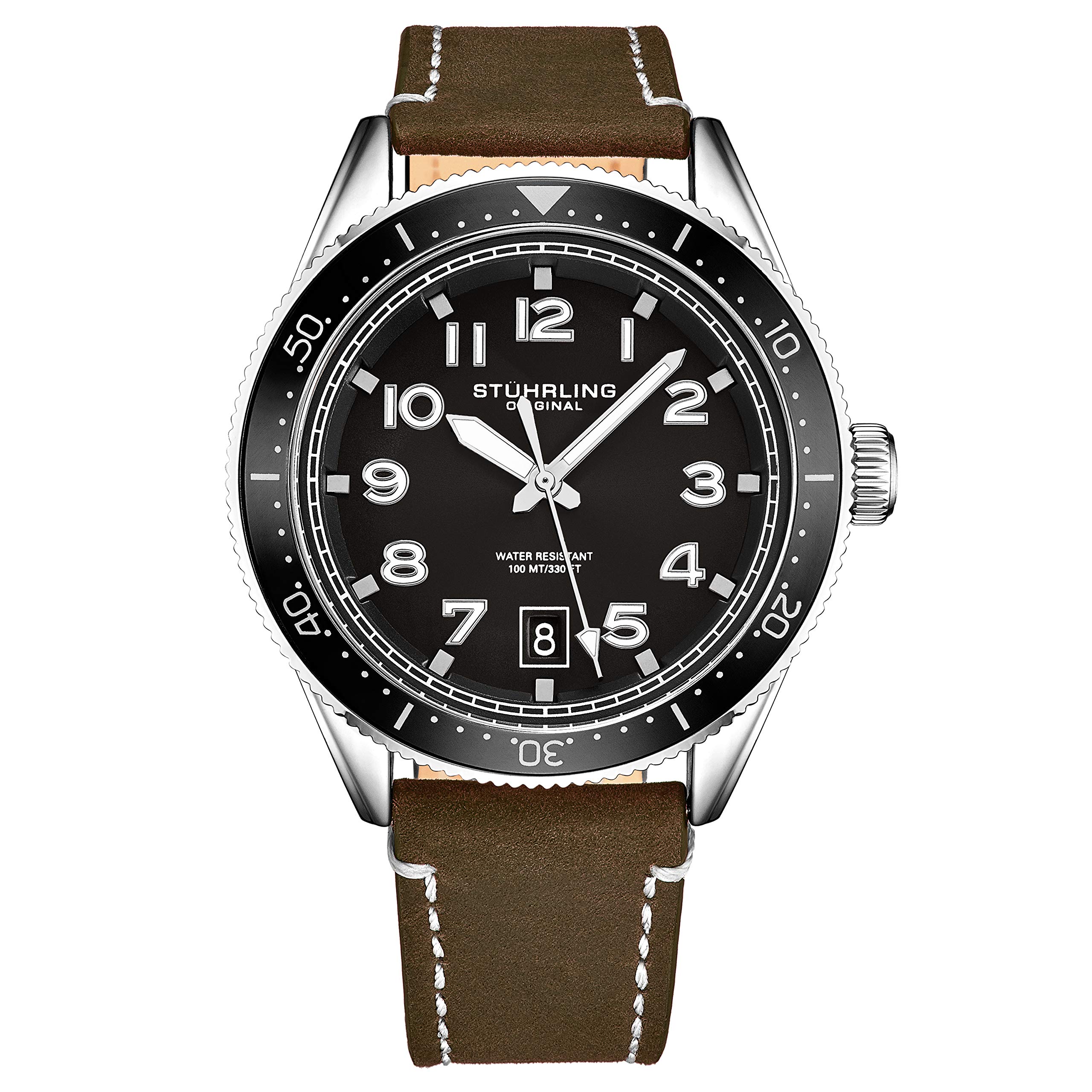 Stuhrling Original Mens Leather Dress Watch -Aviation Analog Watch with Date Leather Strap Mens Wrist Watches