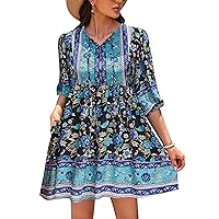 Chigant Women's Summer Boho Dress with Pockets Casual Loose Vintage Floral Swing 3/4 Sleeve V Neck Tunic Dresses