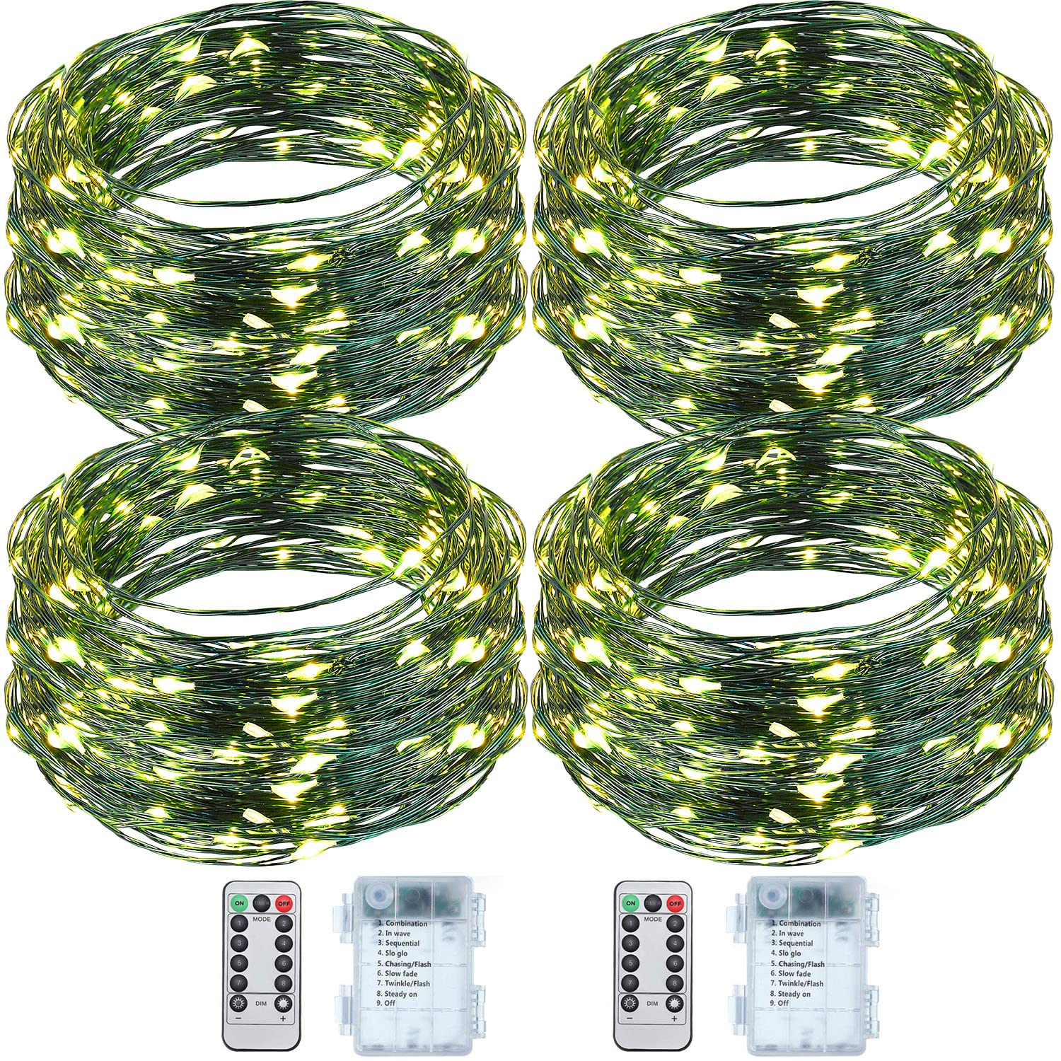 Remagr 4 Pcs Battery Operated String Lights Outdoor String Lights 33 ft/10 m 100 LED Warm White Wire Green Battery Operated Fairy Lights with 8 Modes for Christmas Garden Patio Tree Decorations