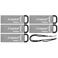 Kingston 128GB DataTraveler Kyson High Performance up to 200MB/s USB 3.2 Metal Flash Drive DTKN/128GB Bundle with (1) GoRAM Black Lanyard (128GB, 5 Pack)