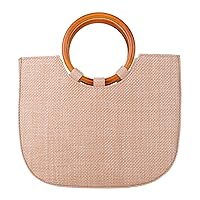 Hand-woven Straw Bag Women Summer Beach Handbag Purse Retro Rattan Tote Clutch Travel Bag with Wood Round Top Handle