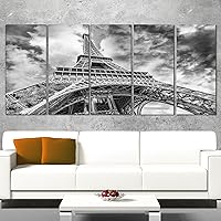 Black and White View of Paris Eiffel Tower-Cityscape Canvas print-60x28 5 Piece-PT10160-401, 60 x 28 in-5 Equal Panels