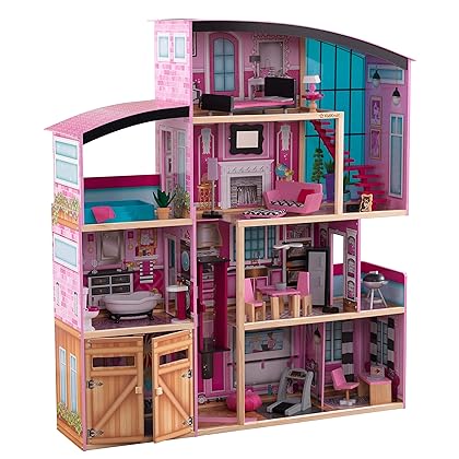 KidKraft Shimmer Mansion Wooden Dollhouse for 12-Inch Dolls with Lights & Sounds and 30-Piece Accessories, Gift for Ages 3+ , Pink