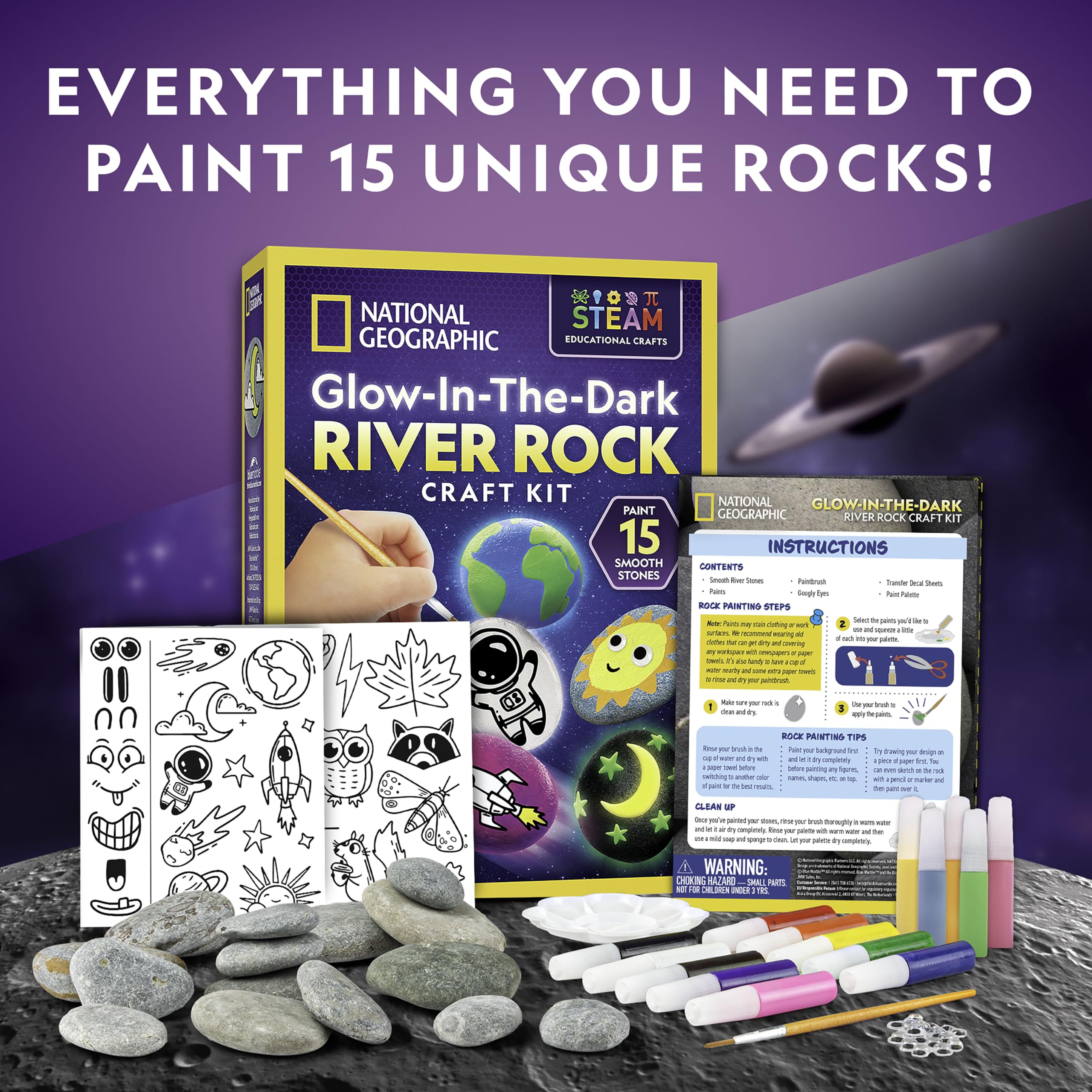 NATIONAL GEOGRAPHIC Glow in The Dark Rock Painting Kit - Arts & Crafts Kit for Kids, Decorate 15 River Rocks with 15 Paint Colors & More Art Supplies, Kids Craft, Kids Art Kit, Kids Activity Kit