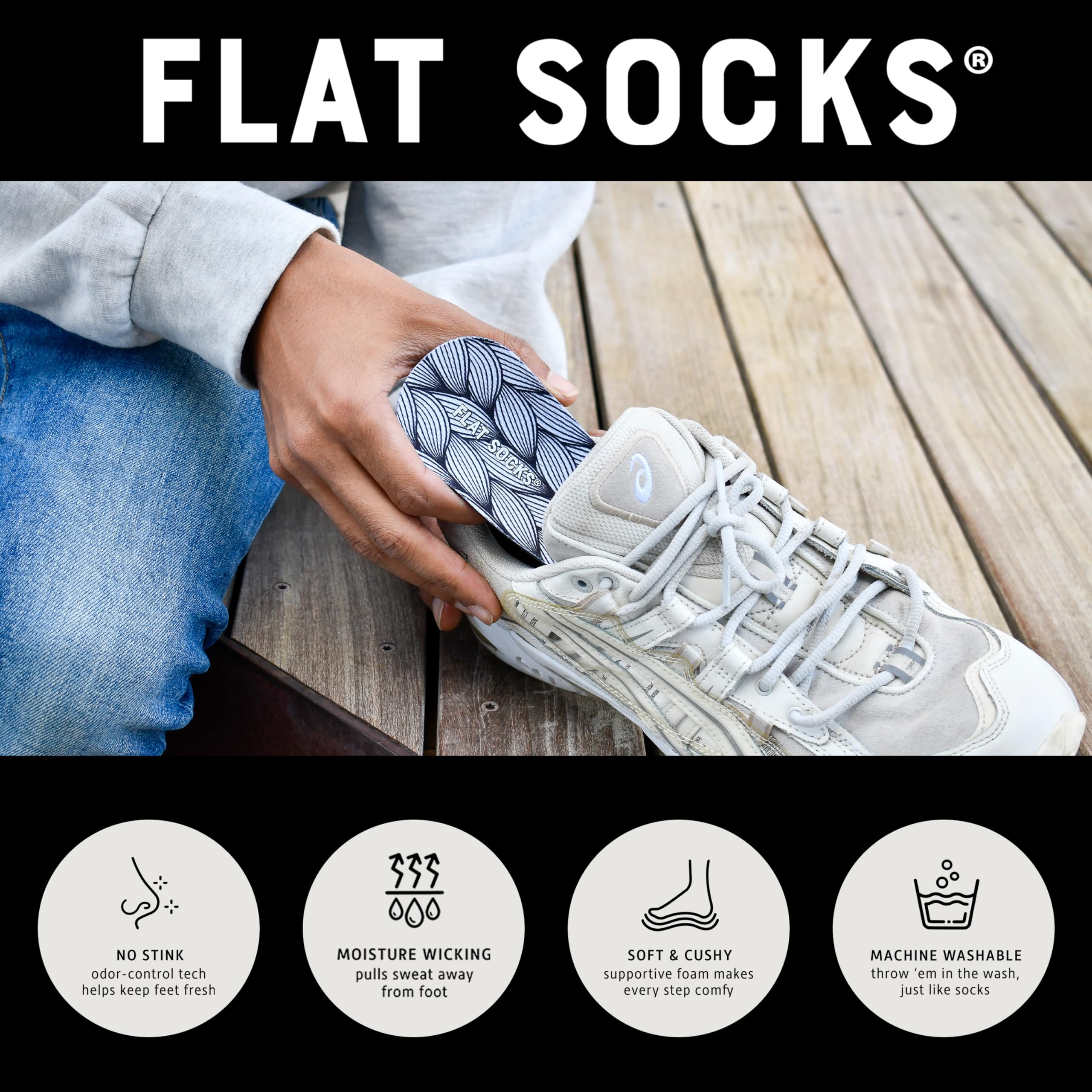 FLAT SOCKS No Show Socks, Sockless Shoe Liner, No Slipping, No Stinking, Washable Barefoot Shoe Insert, Multi-Colored Pattern