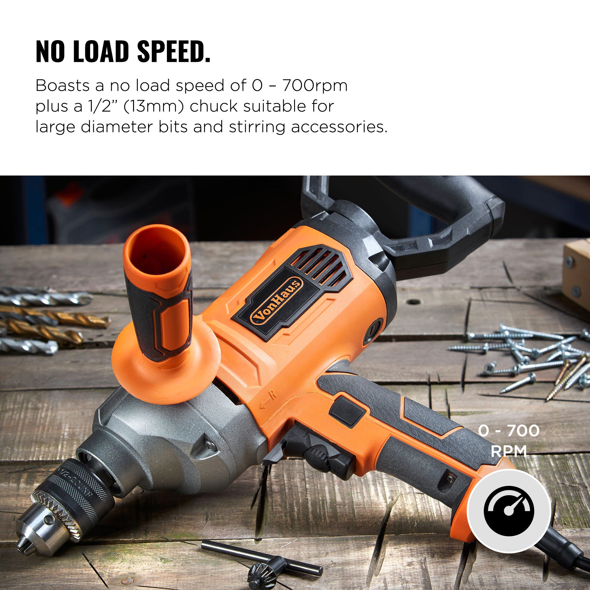 VonHaus 10 Amp 1/2” Heavy Duty Drill Mud Mixer with Spade Handle and Variable Speeds For Drilling and Mixing