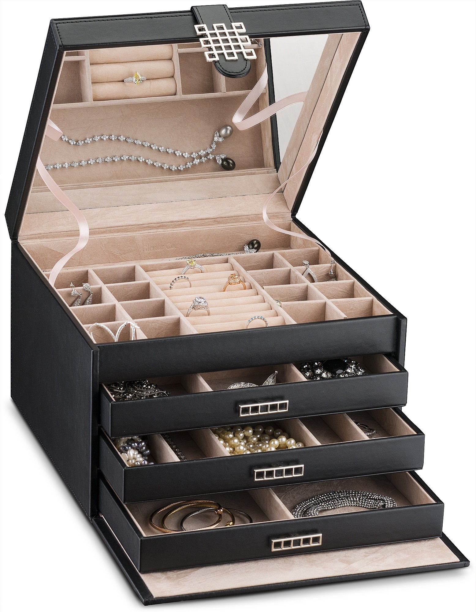 Glenor Co Extra Large Jewelry Box Organizer - 42 Slot Classic Holder w Modern Closure, Drawer, Big Mirror & 4 Trays for Women - Storage Case for Earring Ring Necklace Bracelet Watch -PU Leather- Black