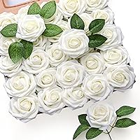 Mocoosy 50Pcs Artificial Rose Flowers, Ivory White Fake Roses for Decoration, Real Looking Foam Rose Bulk with Stem DIY Wedding Bouquets Bridal Shower Floral Arrangements Mother's Day Party Home Decor