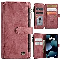 XYX Wallet Case for iPhone 12 Pro, Handmade Vintage PU Leather Zipper Pocket Cover with 10 Card Slot for iPhone 12 Pro, Red