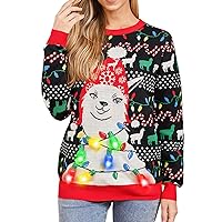 Fanient Women LED Light Up Ugly Christmas Sweater Snowflake Reindeer Xmas Sweater Built-in Light Bulbs Knitted Pullover