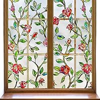 Windimiley Stained Glass Window Privacy Film: 3D Rose Decorative Bathroom Frosted Window Clings Sun Heat Blocking Flower Window Tint for Home Non Adhesive Door Window Covering