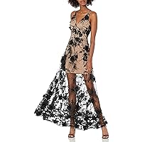 Women's Embellished Plunging Gown Sleeveless Floral Long Dress