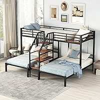 Twin Size L-Shaped Metal Triple Bunk Bed with Storage Stairs, Twin Over Twin & Twin Triple Bunk Beds for 3 Kids Teens Girls Boys, Black