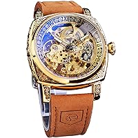 FORSINING Square Luxury Retro Mechanical Watch for Men, Gorgeous Hollow Skeleton Self-Wind Carved Automatic Watches Vintage Leather Strap Wristwatch Silver Dail Black Strap