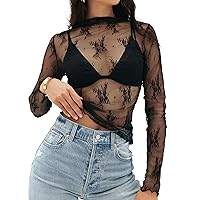 MEROKEETY 2024 Womens Mesh Sheer Long Sleeve Layering Top Mock Neck Lace Floral See Through Shirt Blouses