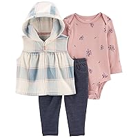 Carter's Baby girls' 3 Piece Little Vest Set, Hooded Navy/Pink Plaid, 3m