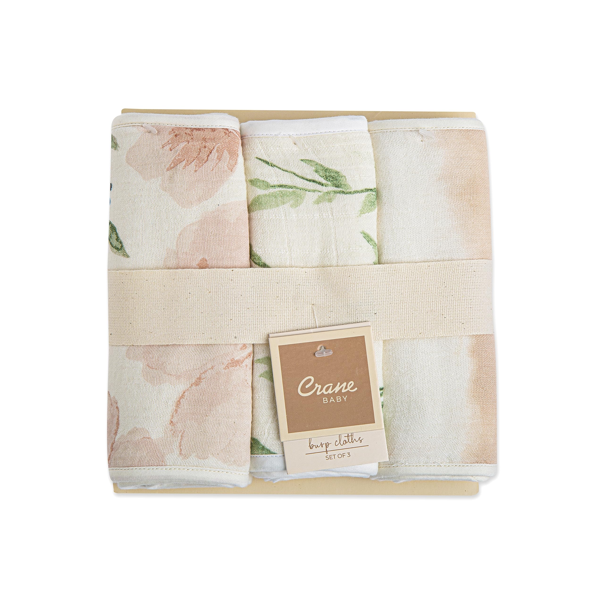Crane Baby Soft Muslin Burp Cloth, Lightweight and Absorbent Burp Cloth for Boys and Girls, Floral, 3 Piece, 7” x 20”