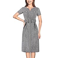 Womens Wear to Work Business Professional Pleated Bowknot Zipper Buttons Tweed Slim Fitted Notch Neck Midi Dress