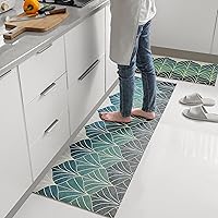 Green Abstract Leaves Kitchen Mat, Lovely Vegetable Non-Skid PVC Cushioned Anti-Fatigue Comfort Standing Mats，Rhombuses Triangles Waterproof and Oil Proof Floor Runner Rug for Home