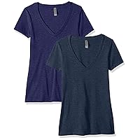 Clementine Apparel Women's Petite Plus 2-Pack Short Sleeve Deep V-Neck T-Shirt, Midnight Navy/Storm, X-Large