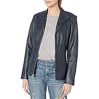 Cole Haan Women's Leather Wing Collared Jacket, Navy, X-Small