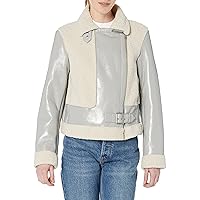 Marc New York by Andrew Marc Women's Moto Faux Patent Leather with Mixed Media Detail Jacket