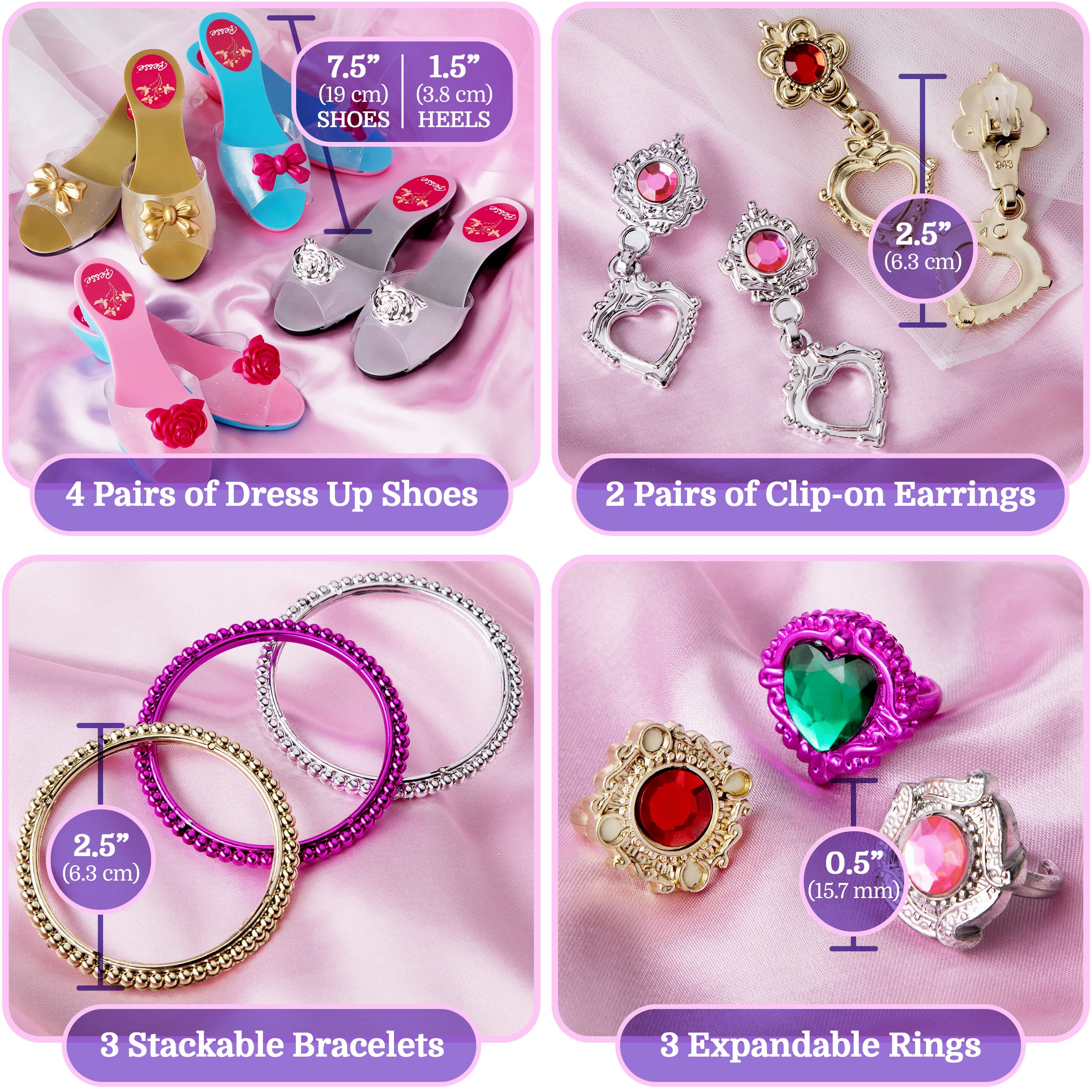 Princess Dress Up Shoes and Jewelry for Little Girls | Toddler Pretend Play Boutique Set | 4 Pairs of Shoes, Earrings, Bracelets & Rings | Gift Toy Set for 2 3 4 5 6 Year Old Girl | Gifts for Girls