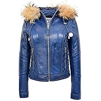 DR261 Women's Detachable Hoodie Biker Leather Jacket Blue